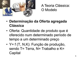 5
A Teoria Clássica:
O Modelo
• Determinação da Oferta agregada
Clássica
• Oferta: Quantidade de produto que é
oferecido num determinado período de
tempo a um determinado preço
• Y= f (T, N,K): Função de produção,
sendo T= Terra, N= Trabalho e K=
Capital
 