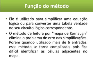 Função do método
• Ele é utilizado para simplificar uma equação
lógica ou para converter uma tabela verdade
no seu circuito lógico correspondente.
• O método de leitura por "mapa de Karnaugh“
elimina o problema de erro nas simplificações.
Porém quando utilizado mais de 6 entradas,
esse método se torna complicado, pois fica
difícil identificar as células adjacentes no
mapa.
 