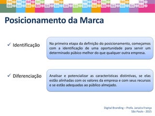 Posicionamento da Marca
Digital Branding – Profa. Janaíra França
São Paulo - 2015
 Identificação
 Diferenciação
Na primeira etapa da definição do posicionamento, começamos
com a identificação de uma oportunidade para servir um
determinado púbico melhor do que qualquer outra empresa.
Analisar e potencializar as características distintivas, se elas
estão alinhadas com os valores da empresa e com seus recursos
e se estão adequadas ao público almejado.
 