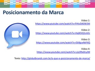 Posicionamento da Marca
Vídeo 1:
https://www.youtube.com/watch?v=FHtvDA0W34I
Vídeo 2:
https://www.youtube.com/watch?v=HqXOiQ1c42c
Vídeo 3:
https://www.youtube.com/watch?v=Eb9gsxNtF4Q
Vídeo 4:
https://www.youtube.com/watch?v=yIy99xDcylM
Texto: http://globalbrands.com.br/o-que-e-posicionamento-de-marca/
 