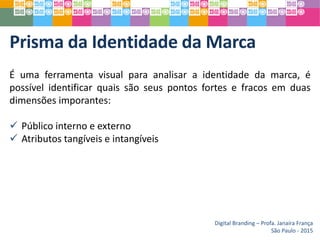 Prisma da Identidade da Marca
Digital Branding – Profa. Janaíra França
São Paulo - 2015
É uma ferramenta visual para analisar a identidade da marca, é
possível identificar quais são seus pontos fortes e fracos em duas
dimensões imporantes:
 Público interno e externo
 Atributos tangíveis e intangíveis
 