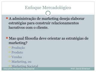 Enfoque Mercadológico

  A administração de marketing deseja elaborar
     estratégias para construir relacionamentos
     lucrativos com o cliente.

  Mas qual filosofia deve orientar as estratégias de
     marketing?
      Produção
      Produto

      Vendas

      Marketing, ou

      Marketing Societal
Disciplina Marketing Empresarial          Prof. David Emerson
 