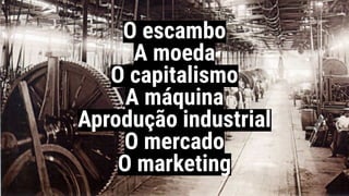 O escambo
A moeda
O capitalismo
A máquina
Aprodução industrial
O mercado
O marketing
 