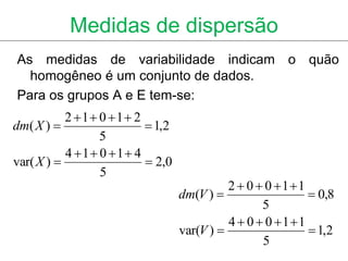 Medidas de dispersão
As medidas de variabilidade indicam o quão
  homogêneo é um conjunto de dados.
Para os grupos A e E tem-se:
           2 1 0 1 2
dm( X )                  1,2
                 5
           4 1 0 1 4
var( X )                 2,0
                 5
                                           2  0  0 11
                                 dm(V )                   0,8
                                                  5
                                           4  0  0 11
                                 var(V )                  1,2
                                                  5
 