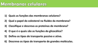 1) Quais as funções das membranas celulares?
2) Qual o papel do colesterol na fluidez da membrana?
3) Classifique e descreva as proteínas de membrana?
4) O que é e quais são as funções do glicocálice?
5) Defina os tipos de transporte passivo e ativo.
6) Descreva os tipos de transporte de grandes moléculas.
 