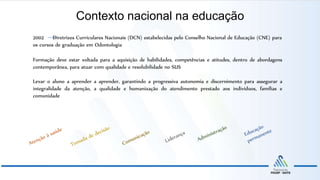 2002 Diretrizes Curriculares Nacionais (DCN) estabelecidas pelo Conselho Nacional de Educação (CNE) para
os cursos de graduação em Odontologia
Formação deve estar voltada para a aquisição de habilidades, competências e atitudes, dentro de abordagens
contemporânea, para atuar com qualidade e resolubilidade no SUS
Levar o aluno a aprender a aprender, garantindo a progressiva autonomia e discernimento para assegurar a
integralidade da atenção, a qualidade e humanização do atendimento prestado aos indivíduos, famílias e
comunidade
Contexto nacional na educação
 