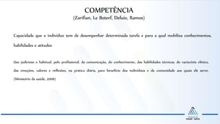 COMPETÊNCIA
(Zarifian, Le Boterf, Deluiz, Ramos)
Capacidade que o indivíduo tem de desempenhar determinada tarefa e para a qual mobiliza conhecimentos,
habilidades e atitudes
Uso judicioso e habitual, pelo profissional, da comunicação, do conhecimento, das habilidades técnicas, do raciocínio clínico,
das emoções, valores e reflexões, na prática diária, para benefício dos indivíduos e da comunidade aos quais ele serve.
(Ministério da saúde, 2006)
 