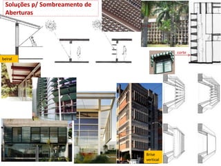 beiral
Brise horizontal
Brise
vertical
corte
fachada
Soluções p/ Sombreamento de
Aberturas
 
