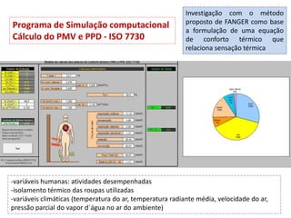 Programa de Simulação computacional
Cálculo do PMV e PPD - ISO 7730
Investigação com o método
proposto de FANGER como base
a formulação de uma equação
de conforto térmico que
relaciona sensação térmica
-variáveis humanas: atividades desempenhadas
-isolamento térmico das roupas utilizadas
-variáveis climáticas (temperatura do ar, temperatura radiante média, velocidade do ar,
pressão parcial do vapor d´água no ar do ambiente)
 