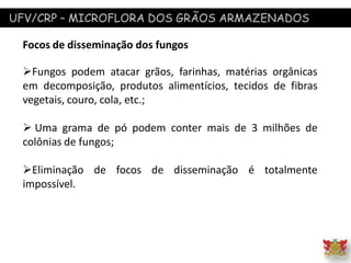 UFV/CRP – MICROFLORA DOS GRÃOS ARMAZENADOS
Focos de disseminação dos fungos
Fungos podem atacar grãos, farinhas, matérias orgânicas
em decomposição, produtos alimentícios, tecidos de fibras
vegetais, couro, cola, etc.;
 Uma grama de pó podem conter mais de 3 milhões de
colônias de fungos;
Eliminação de focos de disseminação é totalmente
impossível.
 