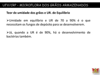 UFV/CRP – MICROFLORA DOS GRÃOS ARMAZENADOS
Teor de umidade dos grãos e UR. de Equilíbrio
Umidade em equilíbrio e UR de 70 a 90% é o que
necessitam os fungos de depósito para se desenvolverem.
Já, quando a UR é de 90%, há o desenvolvimento de
bactérias também.
 