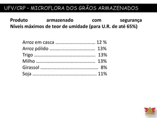 UFV/CRP – MICROFLORA DOS GRÃOS ARMAZENADOS
Produto armazenado com segurança
Níveis máximos de teor de umidade (para U.R. de até 65%)
Arroz em casca ….........................… 12 %
Arroz pólido ………....................….… 13%
Trigo ………………........................……. 13%
Milho ……………............…............….. 13%
Girassol ……….......................…..……… 8%
Soja ……......................……….……….... 11%
 
