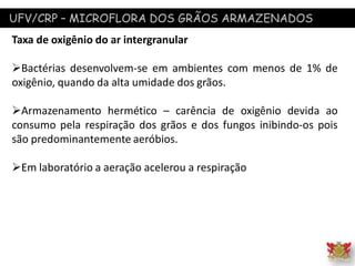 UFV/CRP – MICROFLORA DOS GRÃOS ARMAZENADOS
Taxa de oxigênio do ar intergranular
Bactérias desenvolvem-se em ambientes com menos de 1% de
oxigênio, quando da alta umidade dos grãos.
Armazenamento hermético – carência de oxigênio devida ao
consumo pela respiração dos grãos e dos fungos inibindo-os pois
são predominantemente aeróbios.
Em laboratório a aeração acelerou a respiração
 