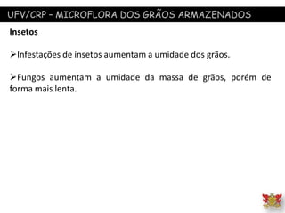 UFV/CRP – MICROFLORA DOS GRÃOS ARMAZENADOS
Insetos
Infestações de insetos aumentam a umidade dos grãos.
Fungos aumentam a umidade da massa de grãos, porém de
forma mais lenta.
 