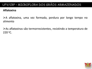 UFV/CRP – MICROFLORA DOS GRÃOS ARMAZENADOS
Aflatoxina
A aflatoxina, uma vez formada, perdura por longo tempo no
alimento
As aflatoxinas são termorresistentes, resistindo a temperatura de
220 oC.
 