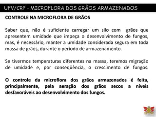 UFV/CRP – MICROFLORA DOS GRÃOS ARMAZENADOS
CONTROLE NA MICROFLORA DE GRÃOS
Saber que, não é suficiente carregar um silo com grãos que
apresentem umidade que impeça o desenvolvimento de fungos,
mas, é necessário, manter a umidade considerada segura em toda
massa de grãos, durante o período de armazenamento.
Se tivermos temperaturas diferentes na massa, teremos migração
de umidade e, por conseqüência, o crescimento de fungos.
O controle da microflora dos grãos armazenados é feita,
principalmente, pela aeração dos grãos secos a níveis
desfavoráveis ao desenvolvimento dos fungos.
 