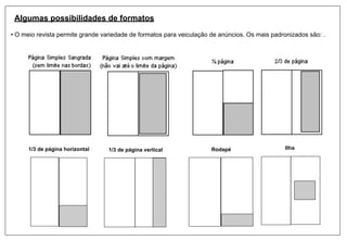 Algumas possibilidades de formatos
• O meio revista permite grande variedade de formatos para veiculação de anúncios. Os mais padronizados são: .




      1/3 de página horizontal    1/3 de página vertical              Rodapé                    Ilha
 