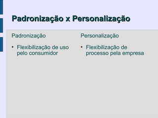 Padronização x Personalização

Padronização              Personalização

• Flexibilização de uso   • Flexibilização de
  pelo consumidor           processo pela empresa
 