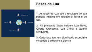 Fases da Lua
1. As fases da Lua são o resultado de sua
posição relativa em relação à Terra e ao
Sol.
2. As principais fases incluem Lua Nova,
Quarto Crescente, Lua Cheia e Quarto
Minguante.
3. Cada fase tem um significado especial e
influencia a cultura e a ciência.
 