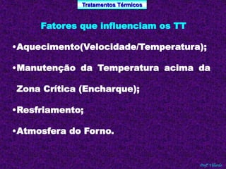 Tratamentos Térmicos 
Profº Villardo 
Fatores que influenciam os TT 
•Aquecimento(Velocidade/Temperatura); 
•Manutenção da Temperatura acima da 
Zona Crítica (Encharque); 
•Resfriamento; 
•Atmosfera do Forno. 
 