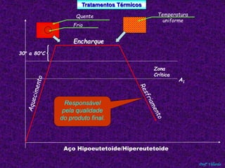 Tratamentos Térmicos 
Profº Villardo 
Temperatura 
uniforme 
Zona 
Crítica 
A1 
Quente 
Frio 
Encharque 
Aço Hipoeutetoide/Hipereutetoide 
30° a 80°C 
Responsável 
pela qualidade 
do produto final. 
 