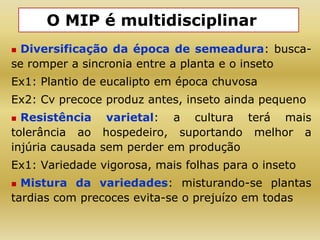  Diversificação da época de semeadura: busca-
se romper a sincronia entre a planta e o inseto
Ex1: Plantio de eucalipto em época chuvosa
Ex2: Cv precoce produz antes, inseto ainda pequeno
 Resistência varietal: a cultura terá mais
tolerância ao hospedeiro, suportando melhor a
injúria causada sem perder em produção
Ex1: Variedade vigorosa, mais folhas para o inseto
 Mistura da variedades: misturando-se plantas
tardias com precoces evita-se o prejuízo em todas
O MIP é multidisciplinar
 