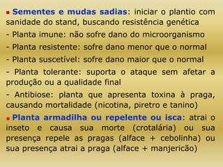  Sementes e mudas sadias: iniciar o plantio com
sanidade do stand, buscando resistência genética
- Planta imune: não sofre dano do microorganismo
- Planta resistente: sofre dano menor que o normal
- Planta suscetível: sofre dano maior que o normal
- Planta tolerante: suporta o ataque sem afetar a
produção ou a qualidade final
- Antibiose: planta que apresenta toxina à praga,
causando mortalidade (nicotina, piretro e tanino)
Planta armadilha ou repelente ou isca: atrai o
inseto e causa sua morte (crotalária) ou sua
presença repele as pragas (alface + cebolinha) ou
sua presença atrai a praga (alface + manjericão)
 
