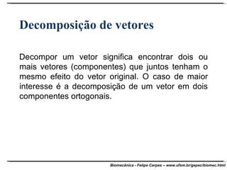 Decomposição de vetores Decompor um vetor significa encontrar dois ou mais vetores (componentes) que juntos tenham o mesmo efeito do vetor original. O caso de maior interesse é a decomposição de um vetor em dois componentes ortogonais. 
