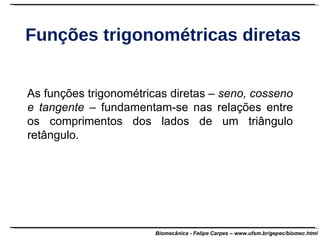 Funções trigonométricas diretas As funções trigonométricas diretas –  seno, cosseno e tangente  – fundamentam-se nas relações entre os comprimentos dos lados de um triângulo retângulo. 