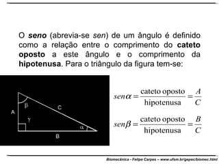 O  seno  (abrevia-se  sen ) de um ângulo é definido como a relação entre o comprimento do  cateto oposto  a este ângulo e o comprimento da  hipotenusa . Para o triângulo da figura tem-se: 