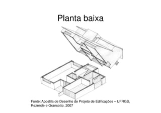 Planta baixa




Fonte: Apostila de Desenho de Projeto de Edificações – UFRGS,
Rezende e Gransotto, 2007
 