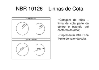 NBR 10126 – Linhas de Cota

                • Cotagem de raios –
                linha de cota parte do
                centro e estende até
                contorno do arco;
                • Representar letra R na
                frente do valor da cota.
 