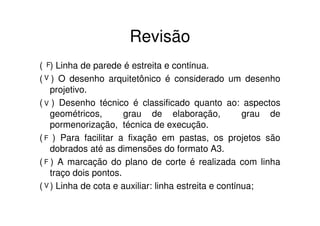 Revisão
( F) Linha de parede é estreita e contίnua.
( V ) O desenho arquitetônico é considerado um desenho
    projetivo.
( V ) Desenho técnico é classificado quanto ao: aspectos
    geométricos,       grau de elaboração,             grau de
    pormenorização, técnica de execução.
( F ) Para facilitar a fixação em pastas, os projetos são
    dobrados até as dimensões do formato A3.
( F ) A marcação do plano de corte é realizada com linha
    traço dois pontos.
( V ) Linha de cota e auxiliar: linha estreita e contίnua;
 