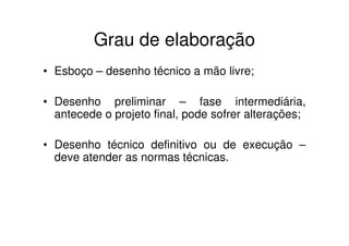 Grau de elaboração
• Esboço – desenho técnico a mão livre;

• Desenho preliminar – fase intermediária,
  antecede o projeto final, pode sofrer alterações;

• Desenho técnico definitivo ou de execução –
  deve atender as normas técnicas.
 