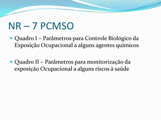 NR – 7 PCMSO
 Quadro I – Parâmetros para Controle Biológico da
 Exposição Ocupacional a alguns agentes químicos

 Quadro II – Parâmetros para monitorização da
 exposição Ocupacional a alguns riscos à saúde
 