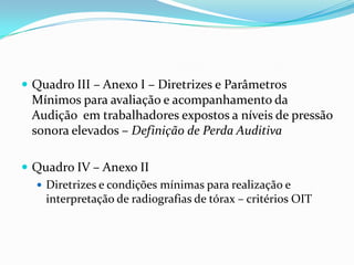  Quadro III – Anexo I – Diretrizes e Parâmetros
  Mínimos para avaliação e acompanhamento da
  Audição em trabalhadores expostos a níveis de pressão
  sonora elevados – Definição de Perda Auditiva

 Quadro IV – Anexo II
   Diretrizes e condições mínimas para realização e
    interpretação de radiografias de tórax – critérios OIT
 