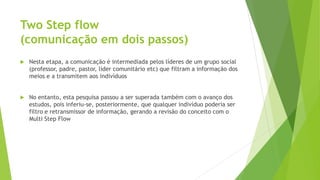 Two Step flow
(comunicação em dois passos)
 Nesta etapa, a comunicação é intermediada pelos líderes de um grupo social
(professor, padre, pastor, líder comunitário etc) que filtram a informação dos
meios e a transmitem aos indivíduos
 No entanto, esta pesquisa passou a ser superada também com o avanço dos
estudos, pois inferiu-se, posteriormente, que qualquer indivíduo poderia ser
filtro e retransmissor de informação, gerando a revisão do conceito com o
Multi Step Flow
 