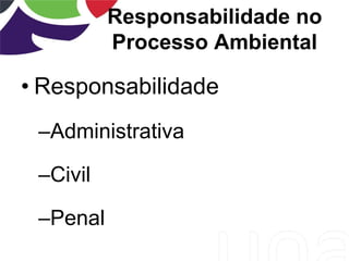 Responsabilidade no
Processo Ambiental
• Responsabilidade
–Administrativa
–Civil
–Penal
 