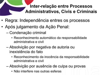 Inter-relação entre Processos
Administrativos, Civis e Criminais
• Regra: Independência entres os processos
• Após julgamento da Ação Penal:
– Condenação criminal
• Reconhecimento automático da responsabilidade
administrativa e civil
– Absolvição por negativa de autoria ou
inexistência do fato
• Reconhecimento da inocência da responsabilidade
administrativa e civil
– Absolvição por ausência de culpa ou provas
• Não interfere nas outras esferas
 