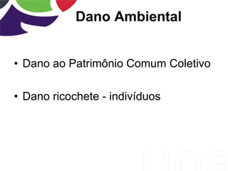 Dano Ambiental
• Dano ao Patrimônio Comum Coletivo
• Dano ricochete - indivíduos
 