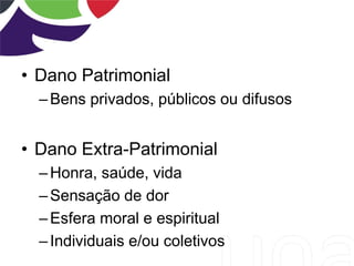 • Dano Patrimonial
–Bens privados, públicos ou difusos
• Dano Extra-Patrimonial
–Honra, saúde, vida
–Sensação de dor
–Esfera moral e espiritual
–Individuais e/ou coletivos
 