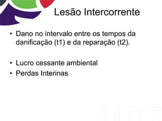 Lesão Intercorrente
• Dano no intervalo entre os tempos da
danificação (t1) e da reparação (t2).
• Lucro cessante ambiental
• Perdas Interinas
 