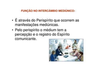 FUNÇÃO NO INTERCÂMBIO MEDIÚNICO:FUNÇÃO NO INTERCÂMBIO MEDIÚNICO:
• É através do Perispírito que ocorrem as
manifestações mediúnicas.
• Pelo perispírito o médium tem a
percepção e o registro do Espíritopercepção e o registro do Espírito
comunicante.
 