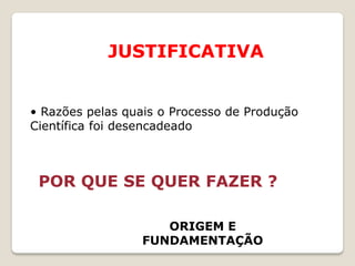 JUSTIFICATIVA


• Razões pelas quais o Processo de Produção
Científica foi desencadeado



 POR QUE SE QUER FAZER ?

                    ORIGEM E
                 FUNDAMENTAÇÃO
 