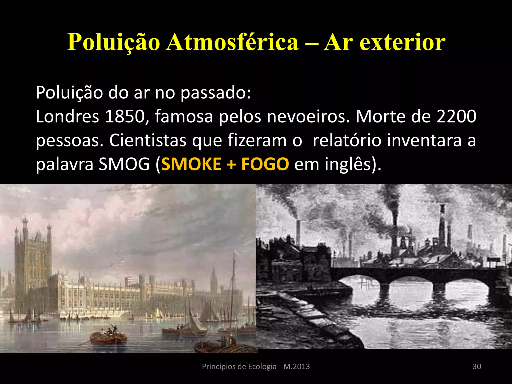 30Princípios de Ecologia - M.2013
Poluição Atmosférica – Ar exterior
Poluição do ar no passado:
Londres 1850, famosa pelos nevoeiros. Morte de 2200
pessoas. Cientistas que fizeram o relatório inventara a
palavra SMOG (SMOKE + FOGO em inglês).
 