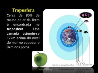 10Princípios de Ecologia - M.2013
Troposfera
Cerca de 80% da
massa de ar da Terra
é encontrada na
troposfera. Essa
camada estende-se
17km acima do nível
do mar no equador e
8km nos polos.
 