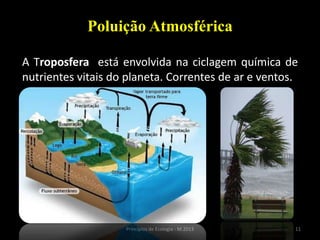 11Princípios de Ecologia - M.2013
Poluição Atmosférica
A Troposfera está envolvida na ciclagem química de
nutrientes vitais do planeta. Correntes de ar e ventos.
 
