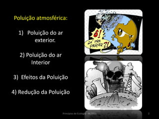 2Princípios de Ecologia - M.2013
Poluição atmosférica:
1) Poluição do ar
exterior.
2) Poluição do ar
Interior
3) Efeitos da Poluição
4) Redução da Poluição
 