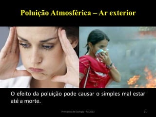 21Princípios de Ecologia - M.2013
Poluição Atmosférica – Ar exterior
O efeito da poluição pode causar o simples mal estar
até a morte.
 