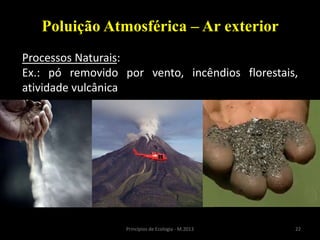 22Princípios de Ecologia - M.2013
Poluição Atmosférica – Ar exterior
Processos Naturais:
Ex.: pó removido por vento, incêndios florestais,
atividade vulcânica
 